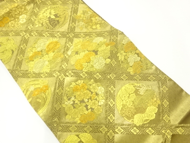 JAPANESE KIMONO / FUKURO OBI / SILK / WOVEN TASUKI LATTICE & FLORAL ROUNDEL CREST